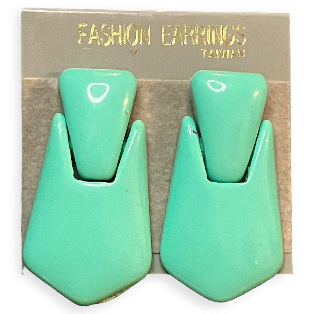 VTG Taiwan Mint Green Geometric Statement Earrings Retro Modern Art Deco Style